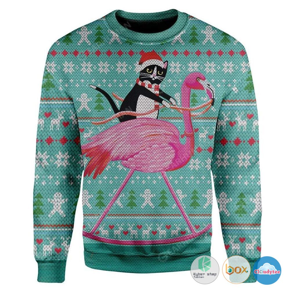Cat And Flamingo Christmas Sweater 2 Cat And Flamingo Christmas Sweater 1