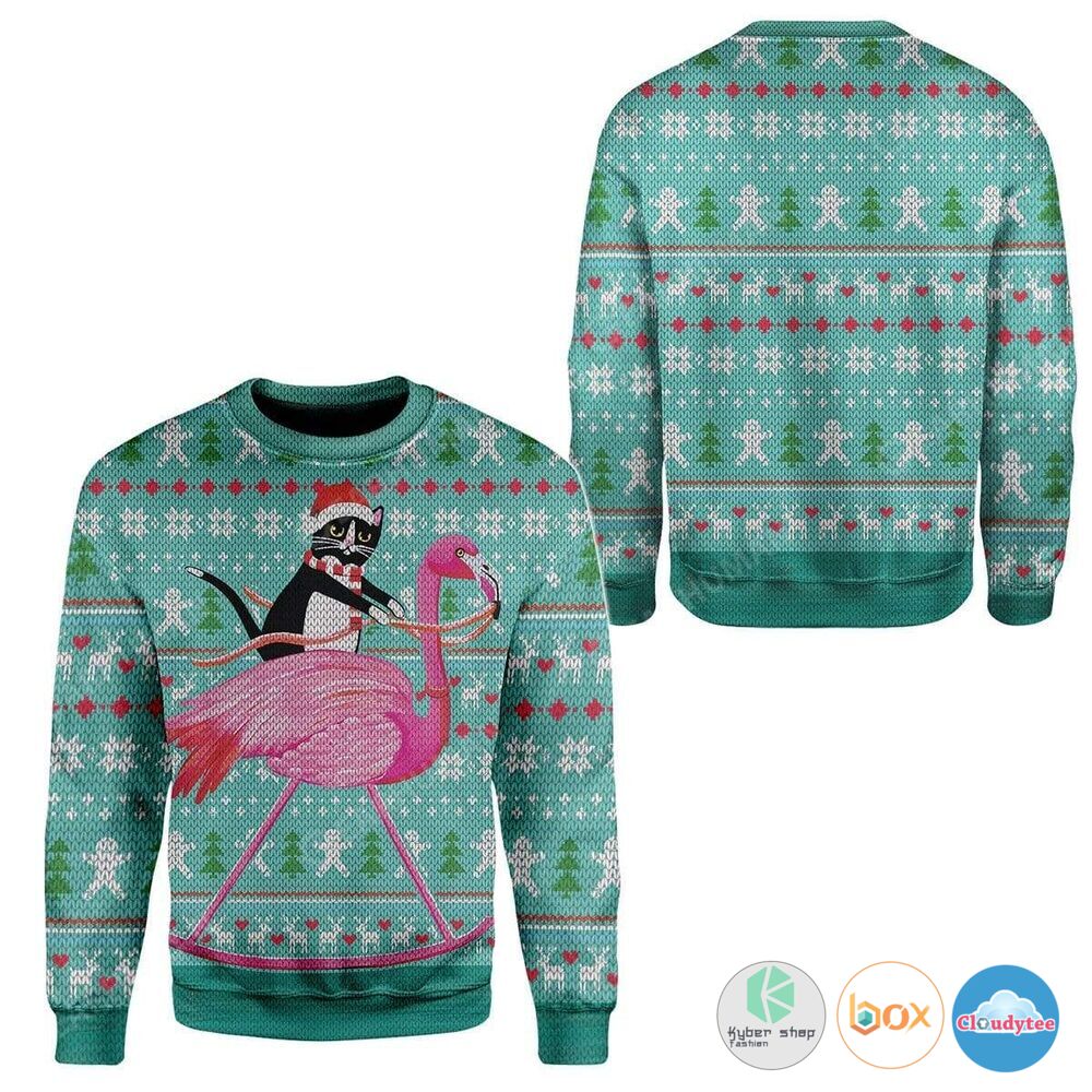 Cat And Flamingo Christmas Sweater 3 Cat And Flamingo Christmas Sweater 1 2