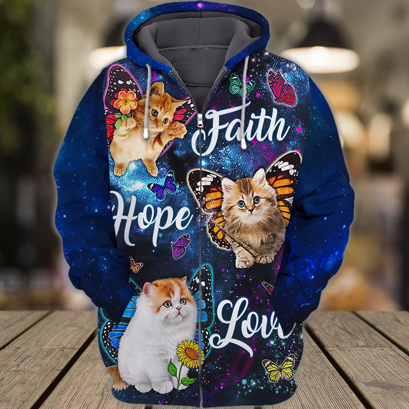 Faith Hope Love Cat Butterfly 3d zip hoodie