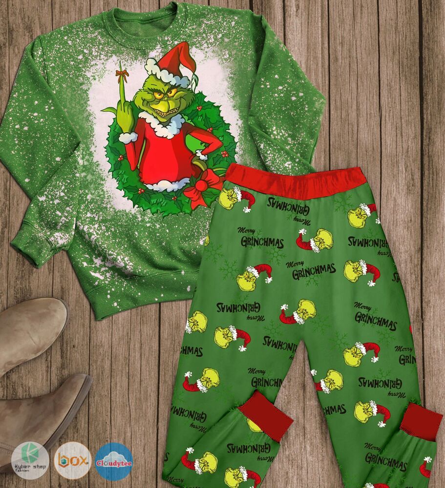 Grinch Christmas Wreath Merry Grinchmas long sleeves Pajamas Set