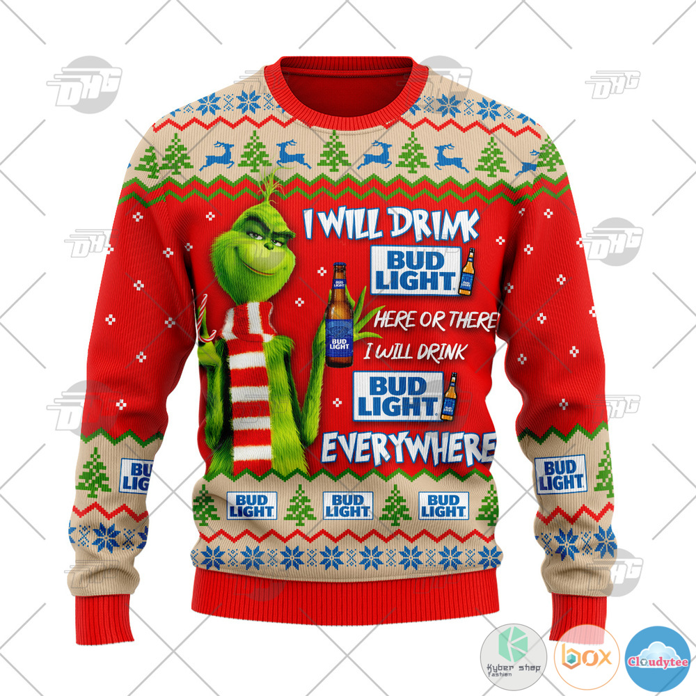 Bud Light Beer Grinch I Will Drink Here I Will Drink Everywhere ugly Christmas sweater 2 Grinch I Will Drink Here Or There I Will Drink Everywhere Bud Light Beer Christmas Sweater 1
