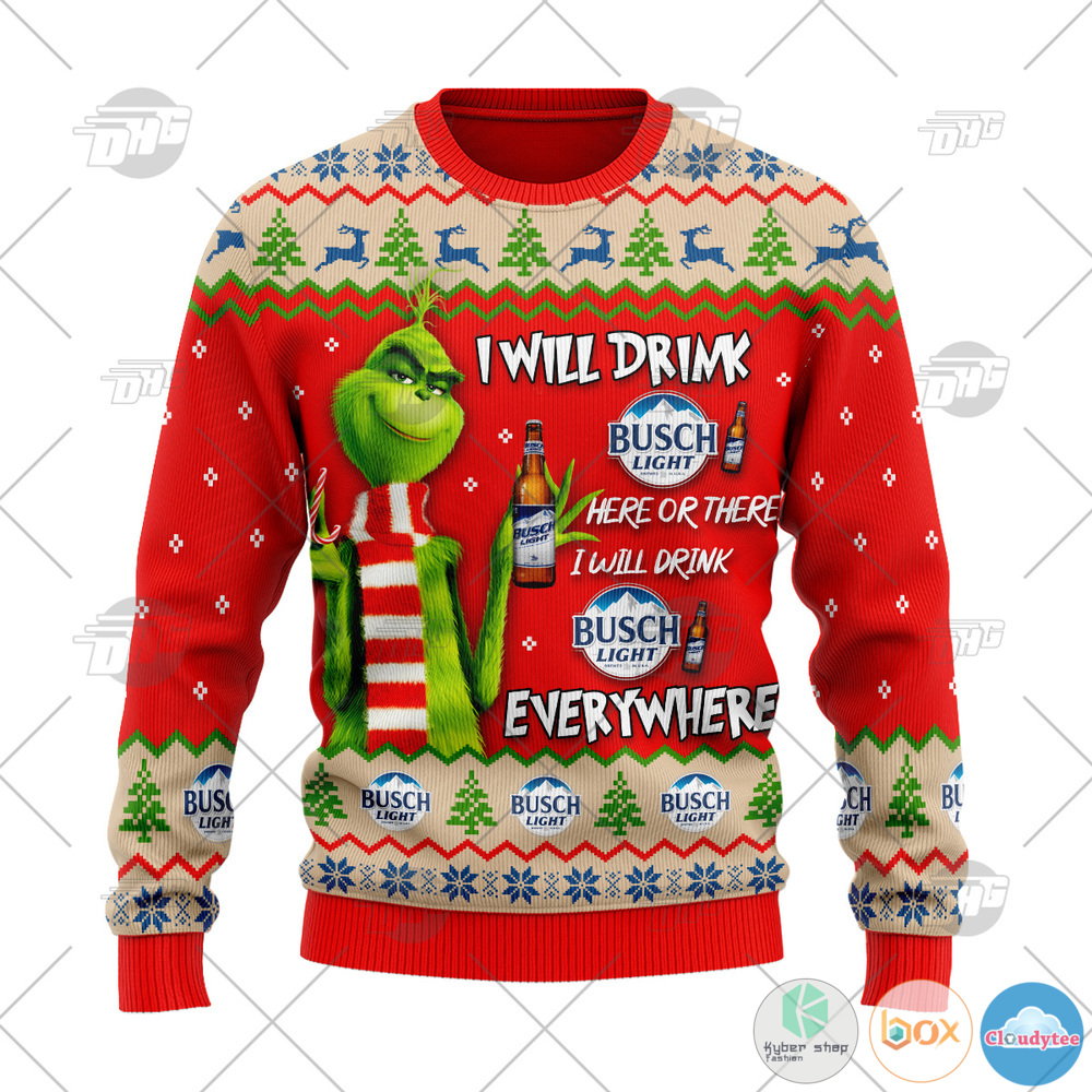 Busch Light Beer Grinch I Will Drink Here I Will Drink Everywhere ugly Christmas sweater 2 Grinch I Will Drink Here Or There I Will Drink Everywhere Busch Light Beer Christmas Sweater 1