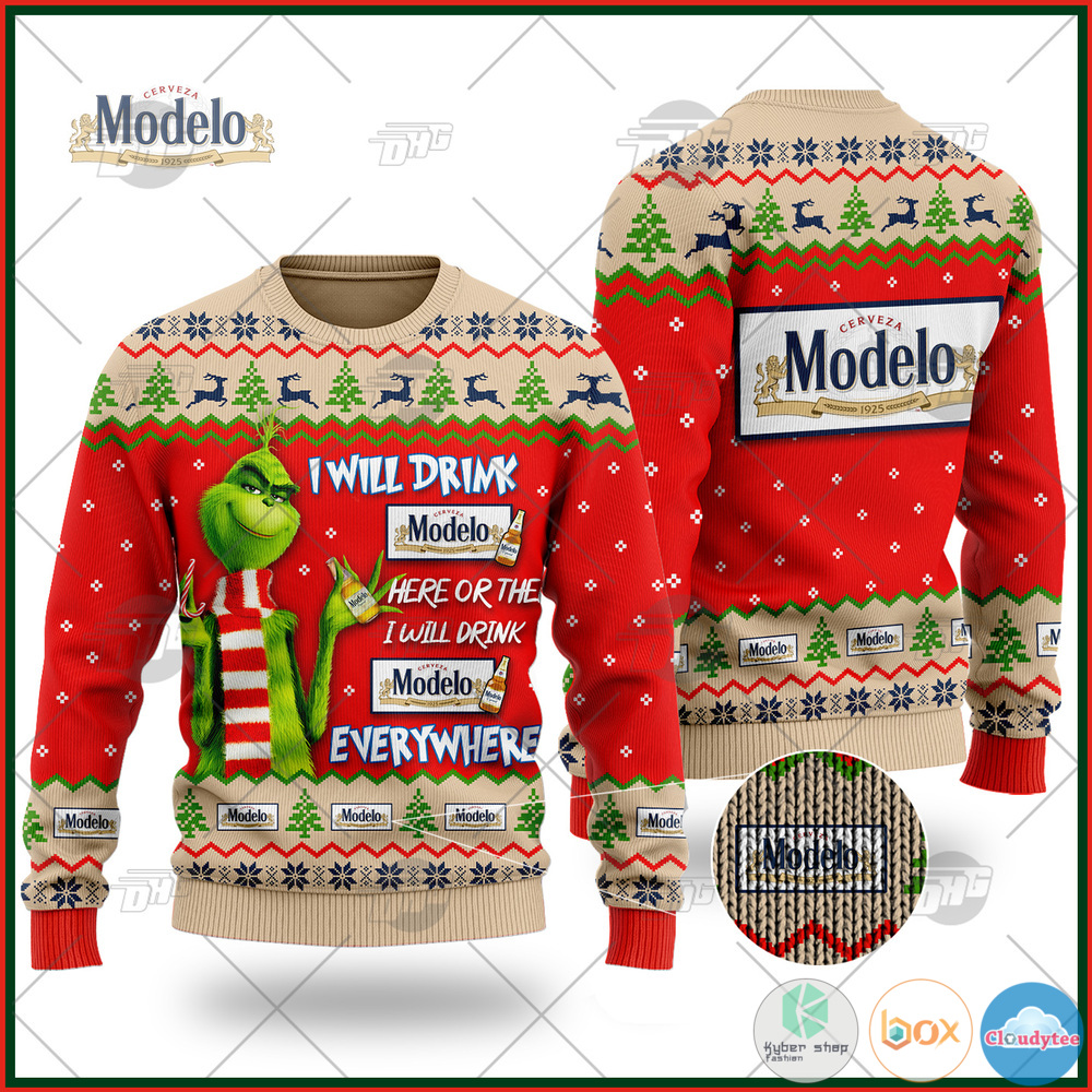 Modelo Especial Beer Grinch I Will Drink Here I Will Drink Everywhere ugly Christmas sweater 7 Grinch I Will Drink Here Or There I Will Drink Everywhere Modelo Especial Beer Christmas Sweater