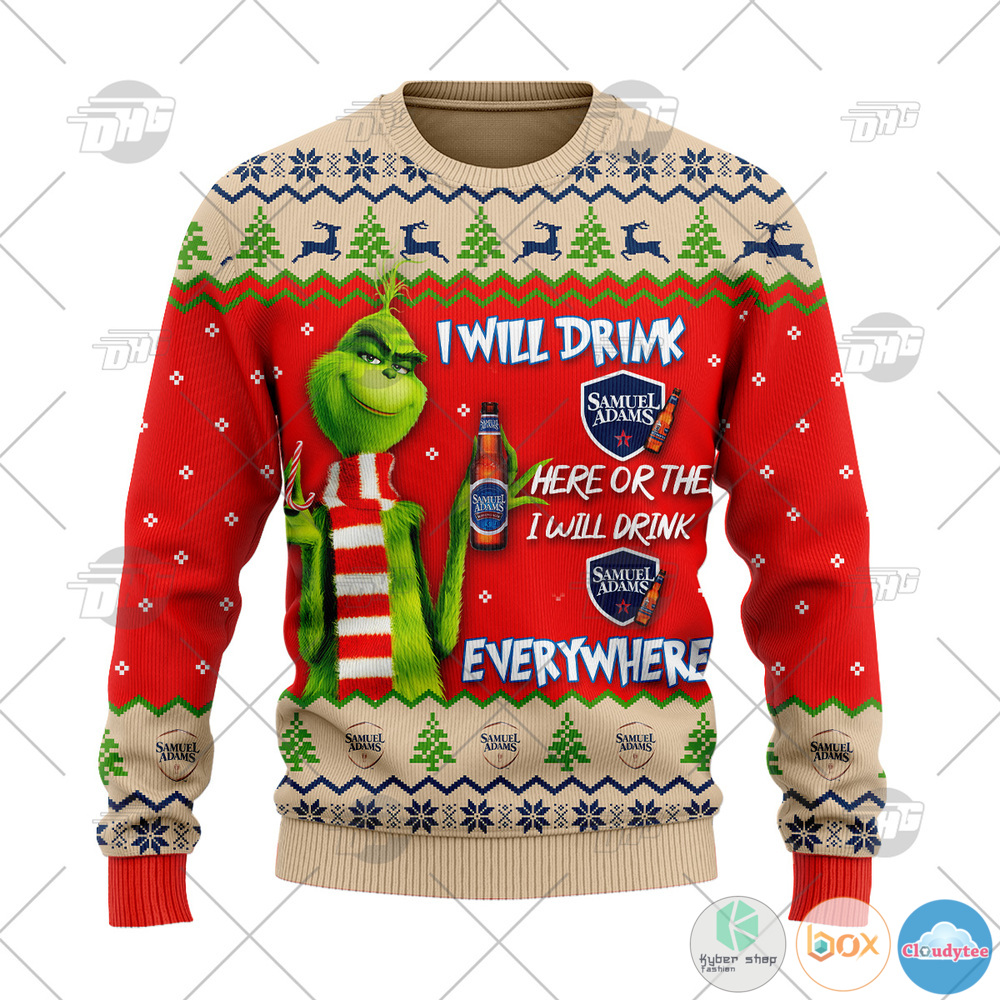 Samuel Adams Beer Grinch I Will Drink Here I Will Drink Everywhere ugly Christmas sweater 2 Grinch I Will Drink Here Or There I Will Drink Everywhere Samuel Adams Beer Christmas Sweater 1