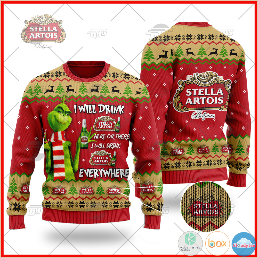 Stella Artois Beer Grinch I Will Drink Here I Will Drink Everywhere ugly Christmas sweater 6 Grinch I Will Drink Here Or There I Will Drink Everywhere Stella Artois Beer Christmas Sweater