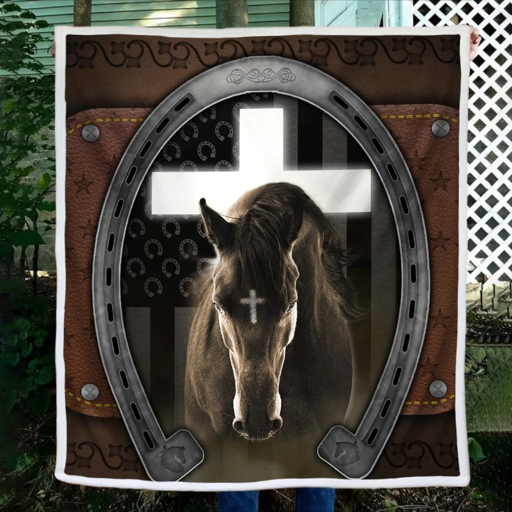 Jesus cross Black Horse Horseshoe fleece blanket 3 Jesus cross Black Horse blanket 1