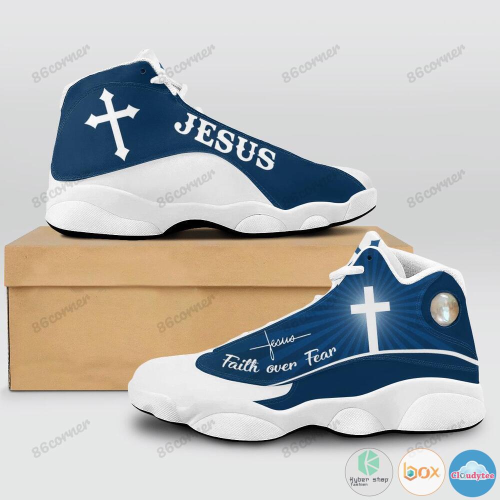 Faith over Fear Jesus cross Blue Air Jordan 13 sneaker 10 Jesus cross Faith over Fear Blue Air Jordan 13 shoes