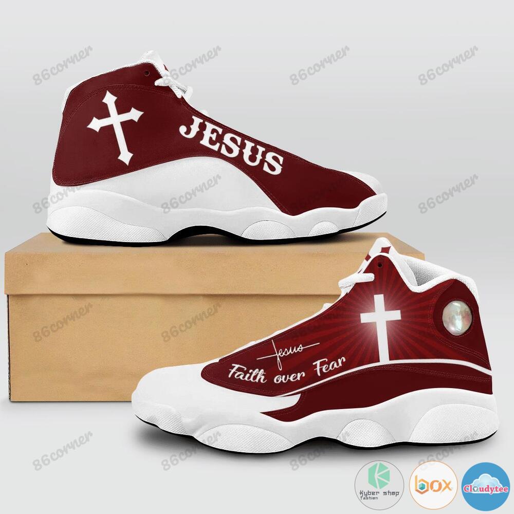 Jesus cross Faith over Fear Red Air Jordan 13 shoes