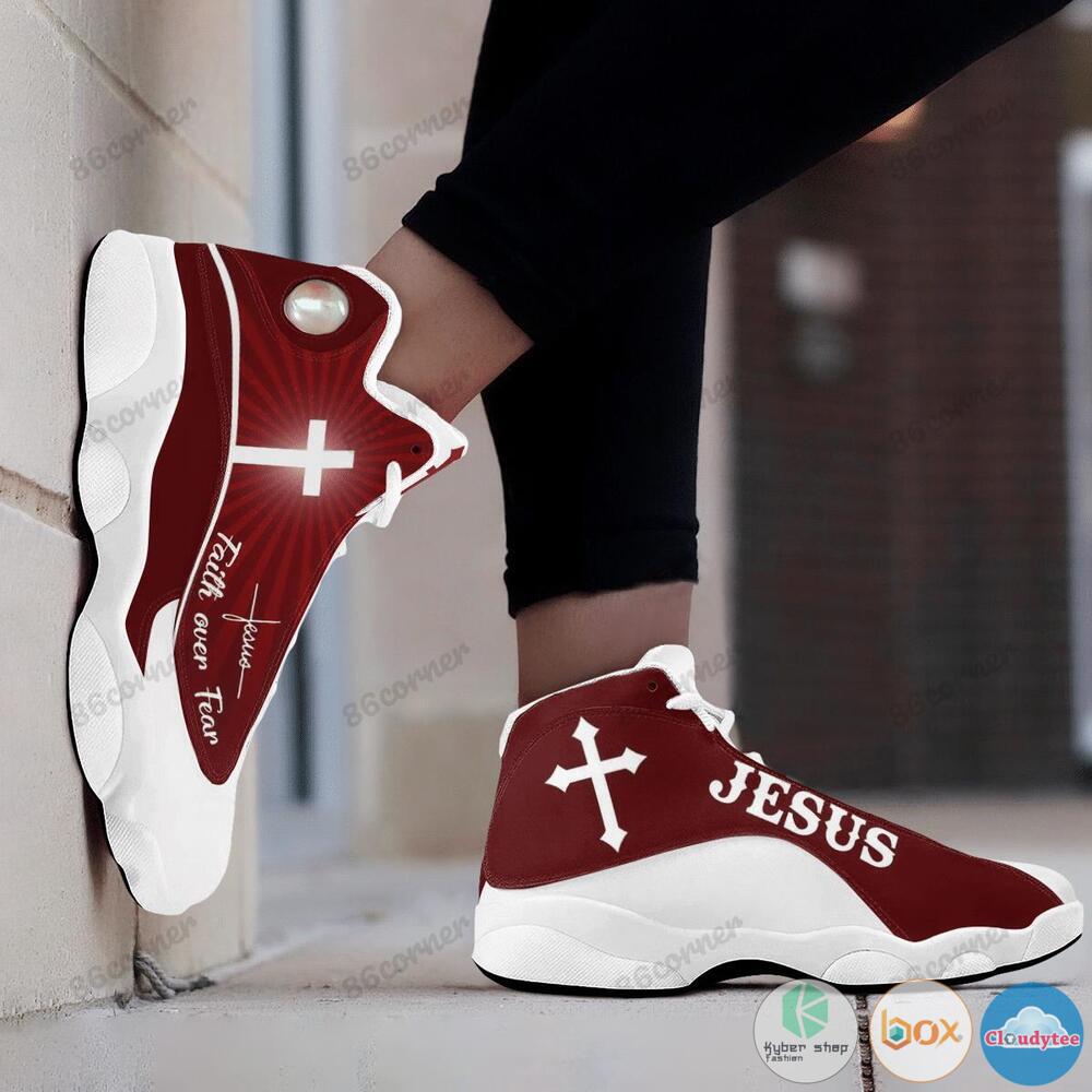 Faith over Fear Jesus cross Red Air Jordan 13 sneaker 5 Jesus cross Faith over Fear Red Air Jordan 13 shoes 1 2 3 4