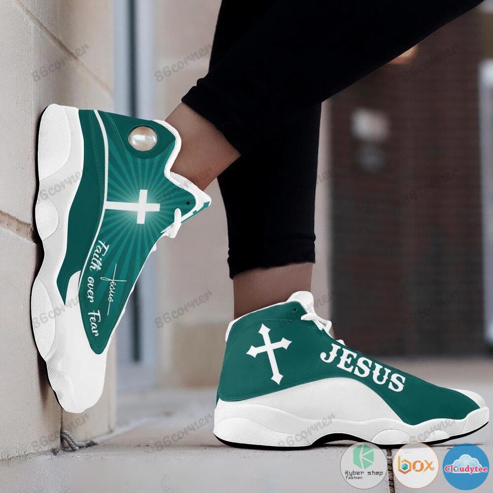Jesus cross Faith over Fear Teal Air Jordan 13 shoes 1 2 3 4