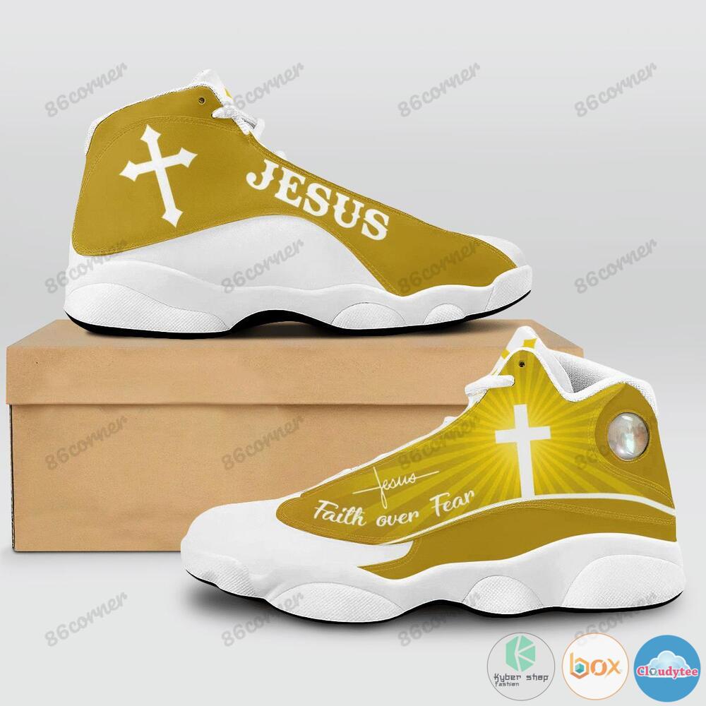 Jesus cross Faith over Fear Yellow Air Jordan 13 shoes