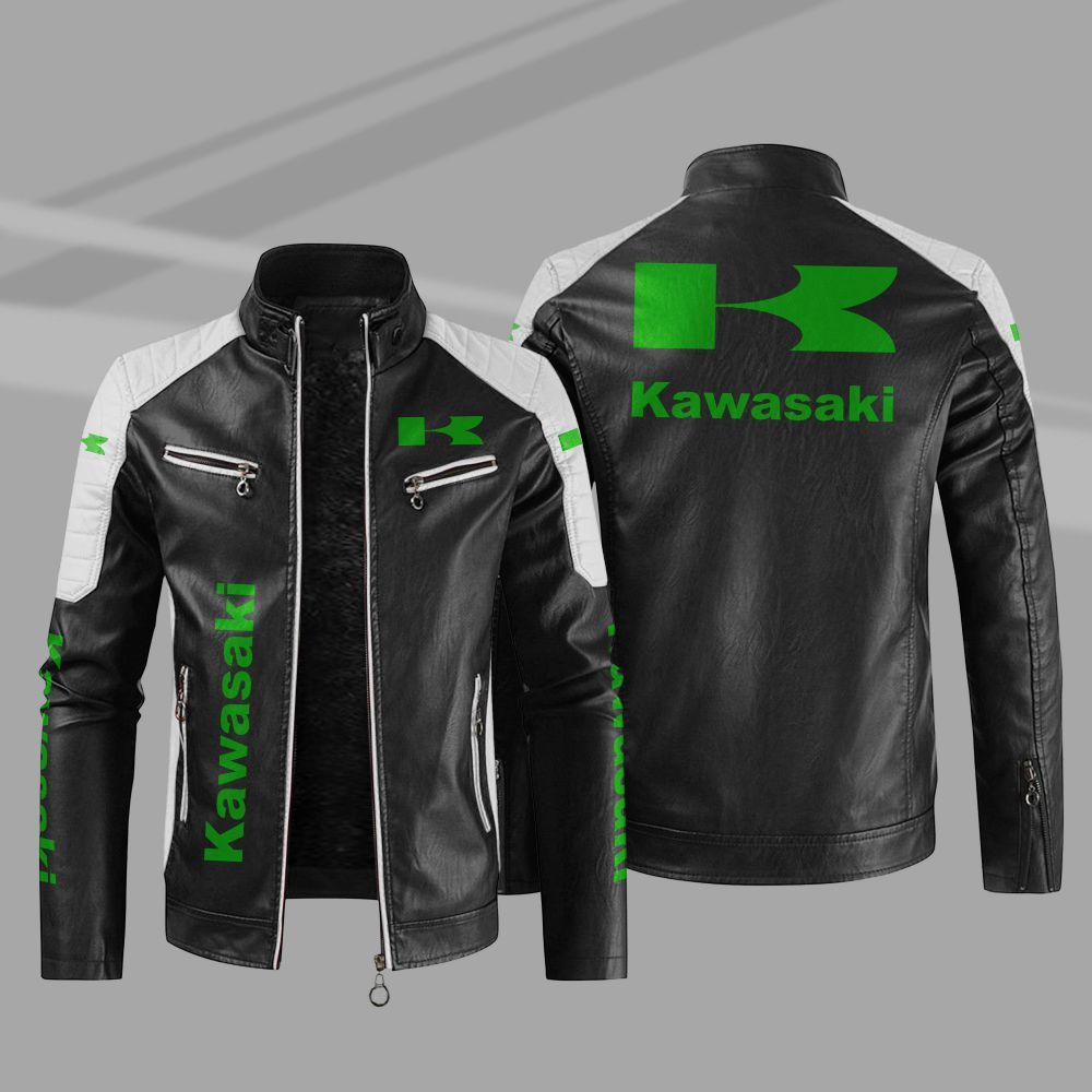 Kawasaki Car Motor Block Leather Jacket