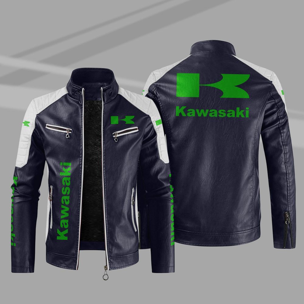 Kawasaki Car Motor Block Leather Jacket 3 Kawasaki Car Motor Block Leather Jacket 1 2