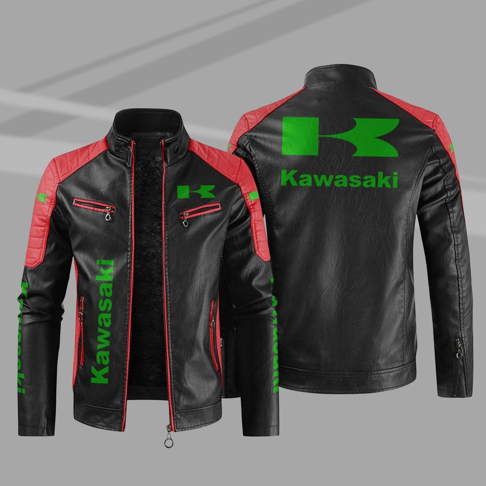 Kawasaki Car Motor Block Leather Jacket 4 Kawasaki Car Motor Block Leather Jacket 1 2 3