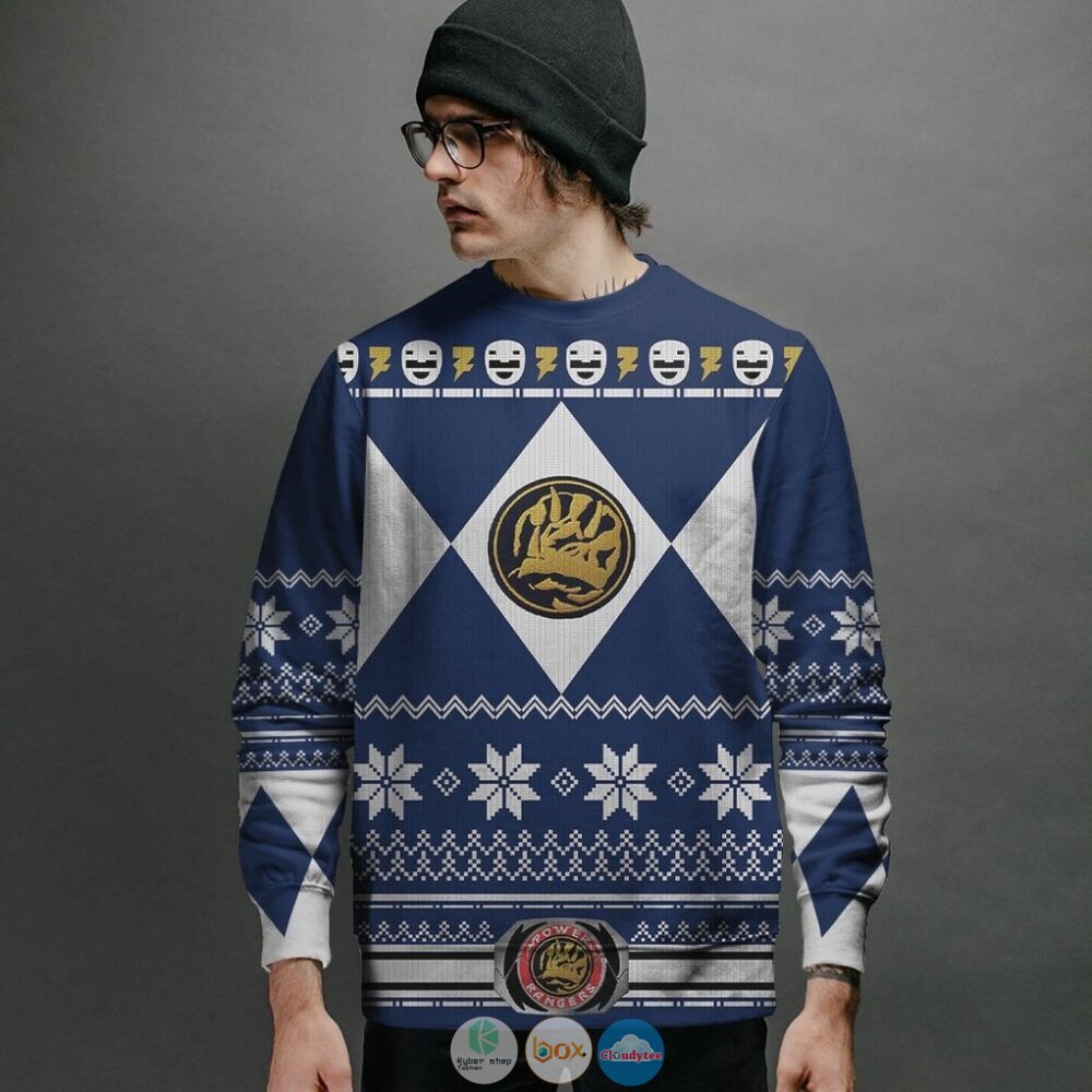 Mighty Morphin Blue Power Rangers Ugly Christmas Sweater 2 Mighty Morphin Blue Power Rangers Christmas Sweater 1