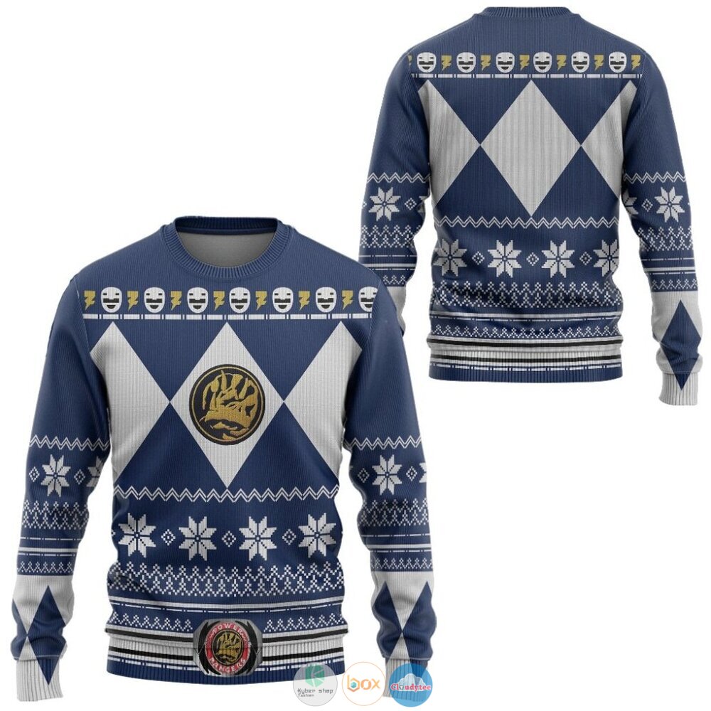 Mighty Morphin Blue Power Rangers Ugly Christmas Sweater 3 Mighty Morphin Blue Power Rangers Christmas Sweater 1 2