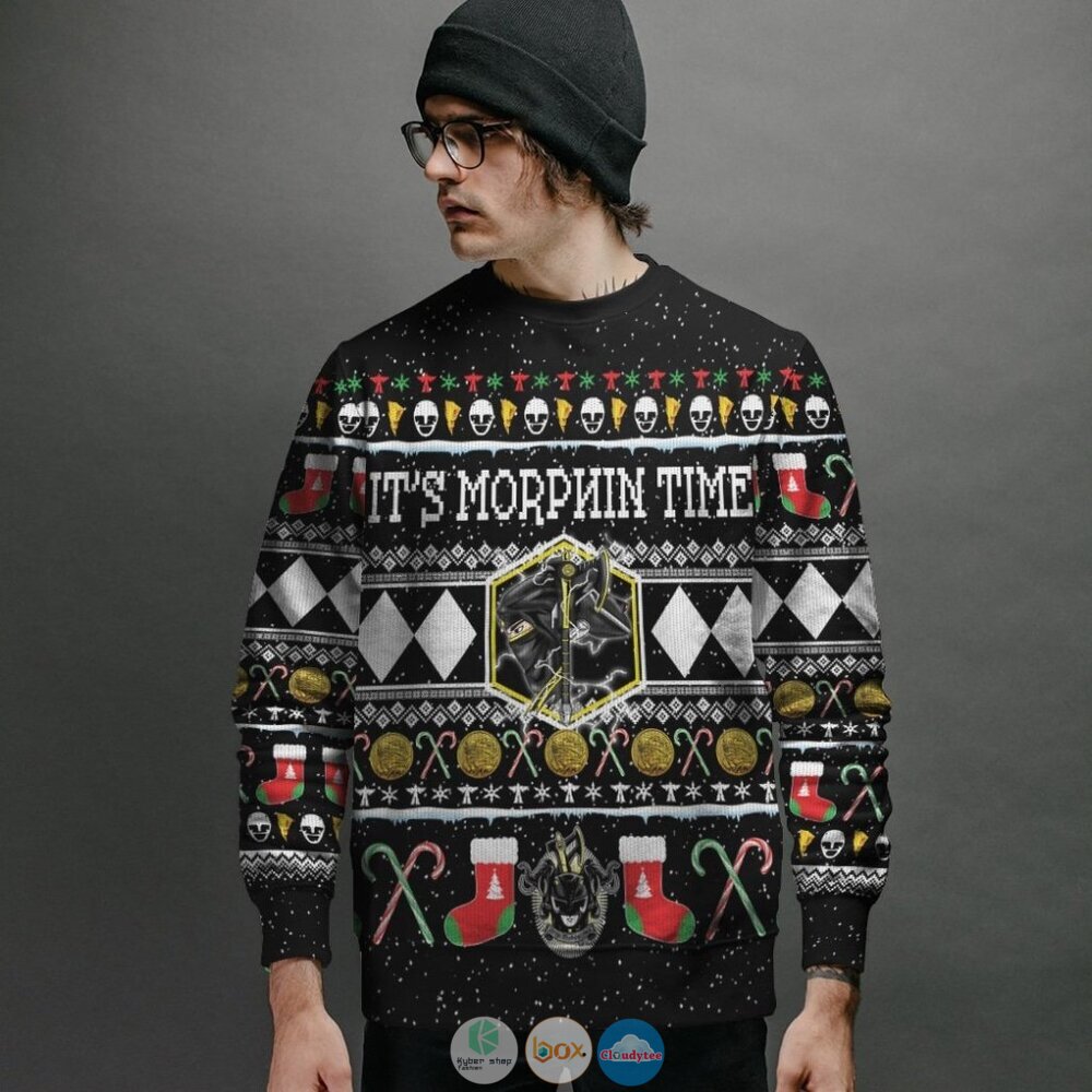 Mighty Morphin Ninjetti Black Ranger Ugly Christmas Sweater 2 Mighty Morphin Ninjetti Black Ranger Christmas Sweater 1