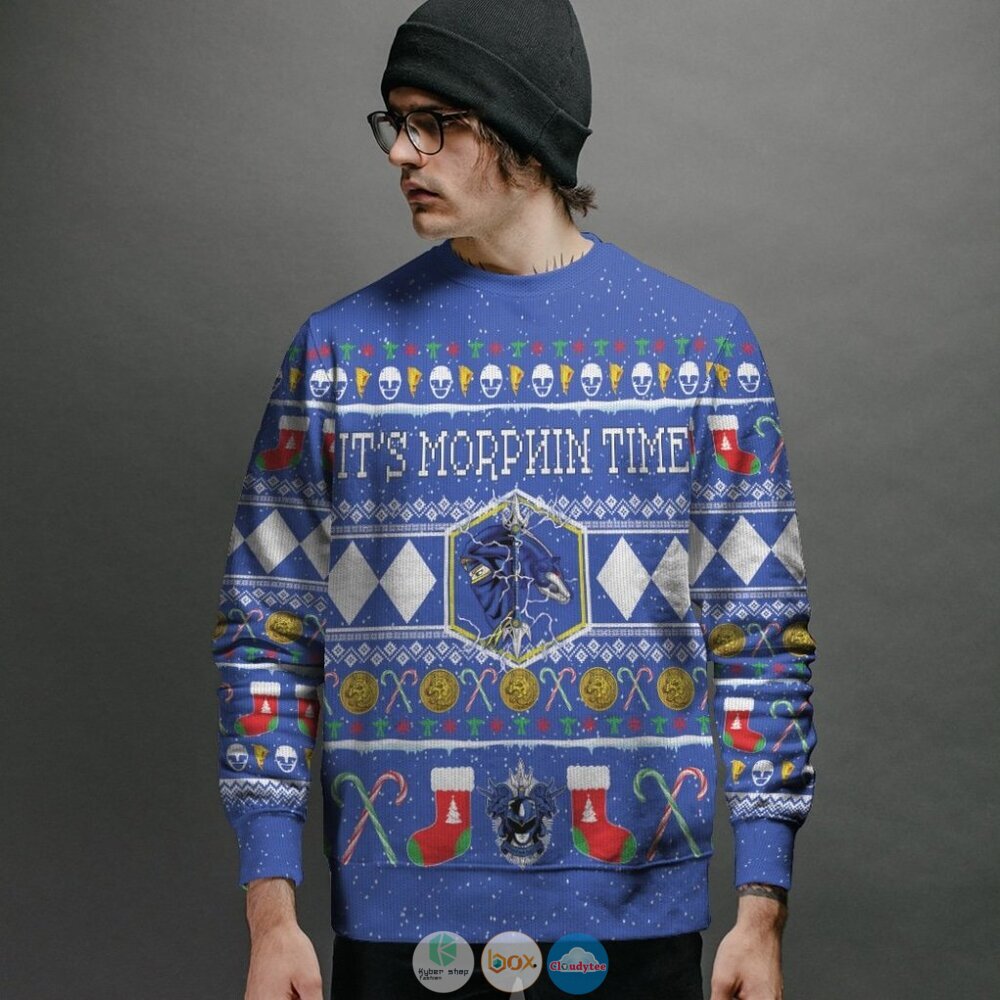 Mighty Morphin Ninjetti Blue Ranger Ugly Christmas Sweater 2 Mighty Morphin Ninjetti Blue Ranger Christmas Sweater 1