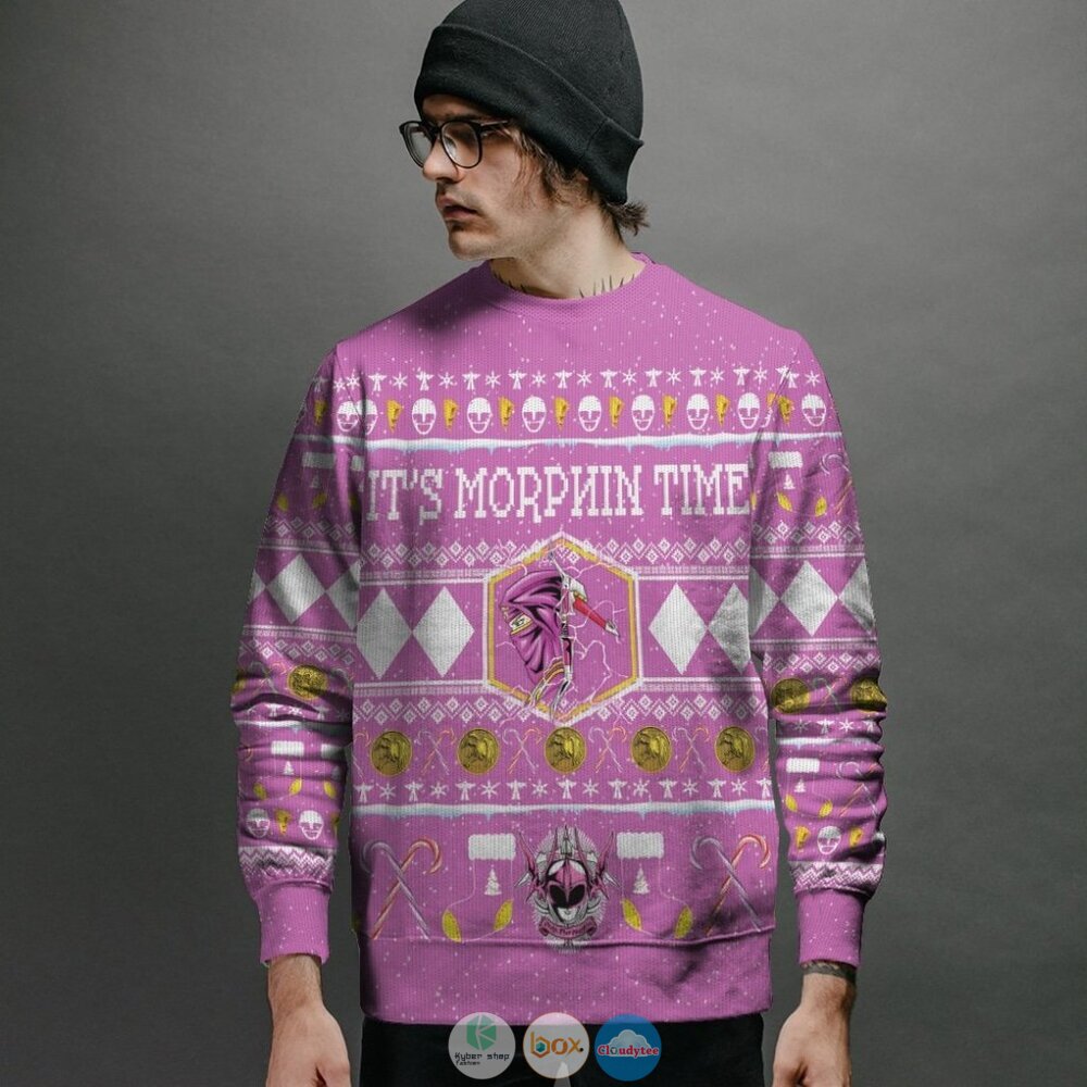 Mighty Morphin Ninjetti Pink Ranger Ugly Christmas Sweater 2 Mighty Morphin Ninjetti Pink Ranger Christmas Sweater 1