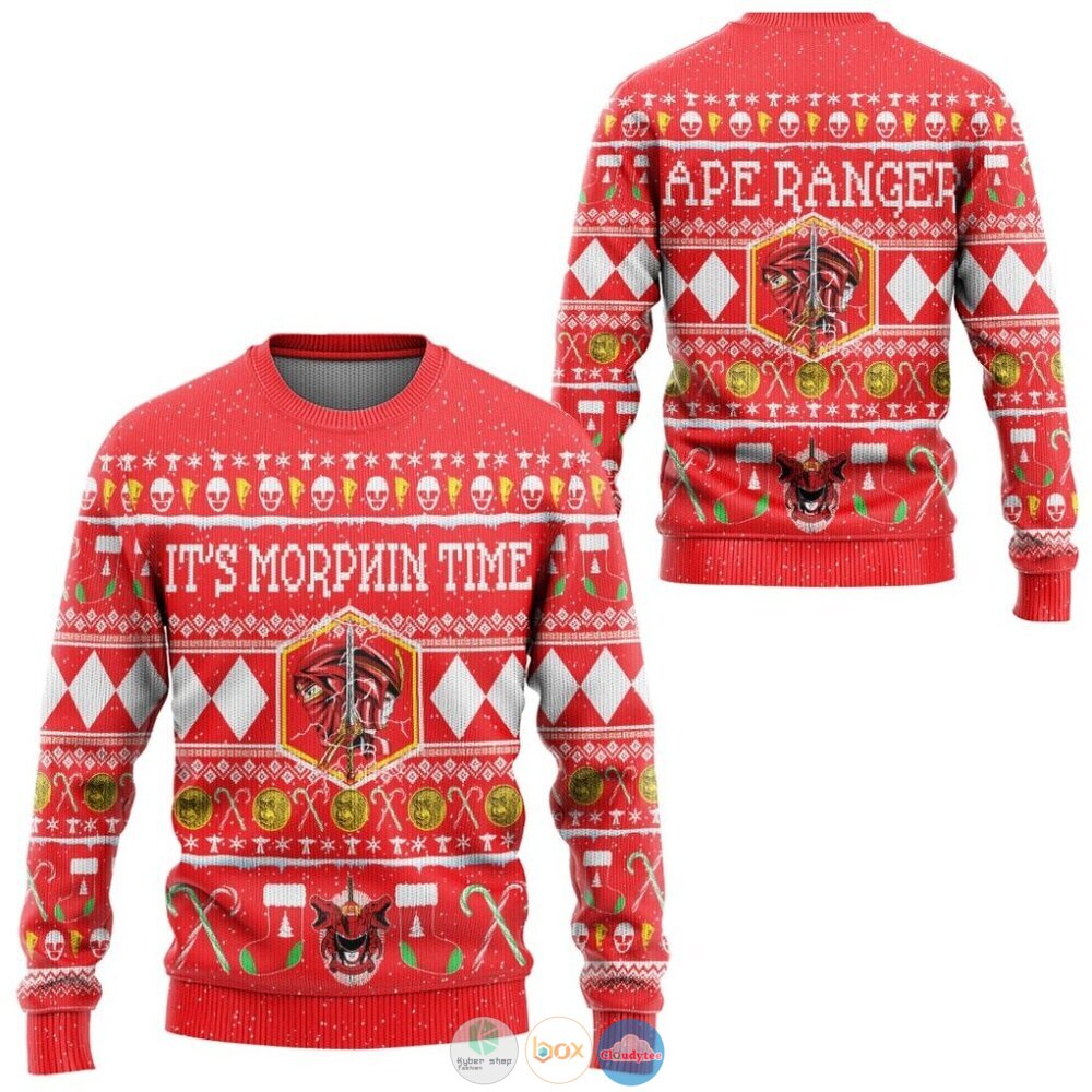 Mighty Morphin Ninjetti Red Ranger Ugly Christmas Sweater 3 Mighty Morphin Ninjetti Red Ranger Christmas Sweater 1 2