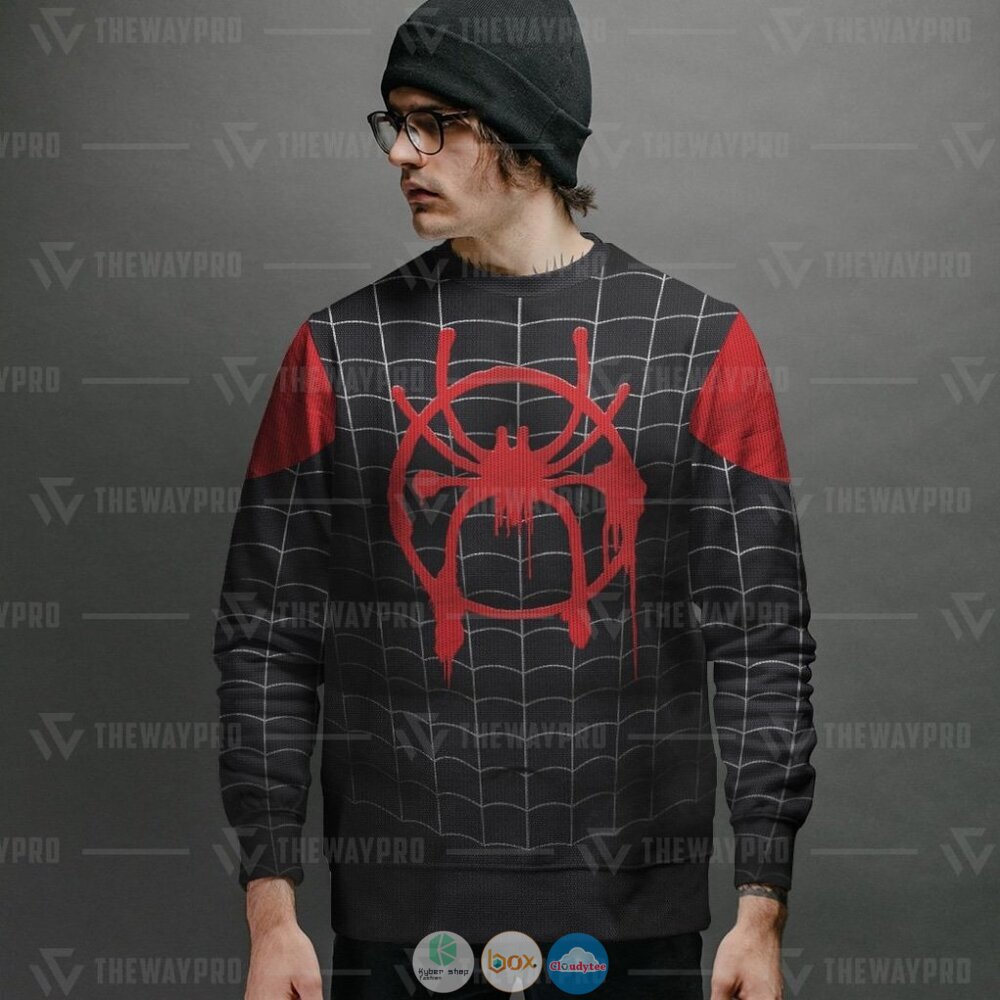 Superhero Into The Spider Verse Miles Suit Ugly Christmas Sweater 2 Movie Superhero Into The Spider Verse Miles Suit Christmas Sweater 1