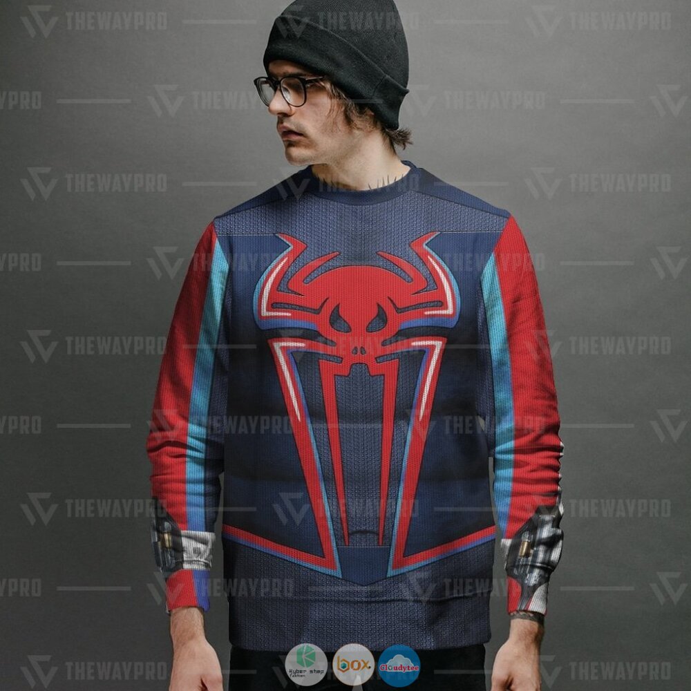 Superhero Spider Man Miles 2099 Suit Ugly Christmas Sweater 2 Movie Superhero Spider Man Miles 2099 Suit Christmas Sweater 1