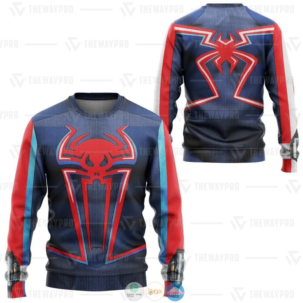 Superhero Spider Man Miles 2099 Suit Ugly Christmas Sweater 3 Movie Superhero Spider Man Miles 2099 Suit Christmas Sweater 1 2