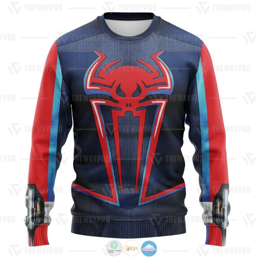 Superhero Spider Man Miles 2099 Suit Ugly Christmas Sweater 4 Movie Superhero Spider Man Miles 2099 Suit Christmas Sweater 1 2 3
