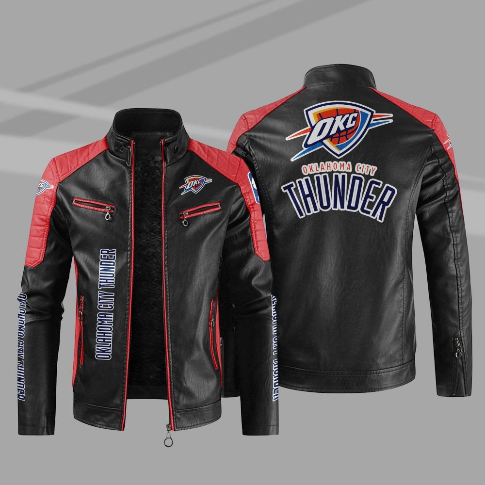 NBA Oklahoma City Thunder Block Leather Jacket 4 NBA Oklahoma City Thunder Block Leather Jacket 1 2 3
