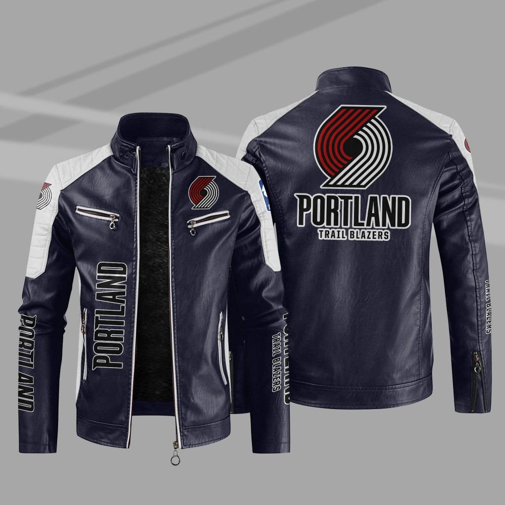NBA Portland Trail Blazers Block Leather Jacket 3 NBA Portland Trail Blazers Block Leather Jacket 1 2