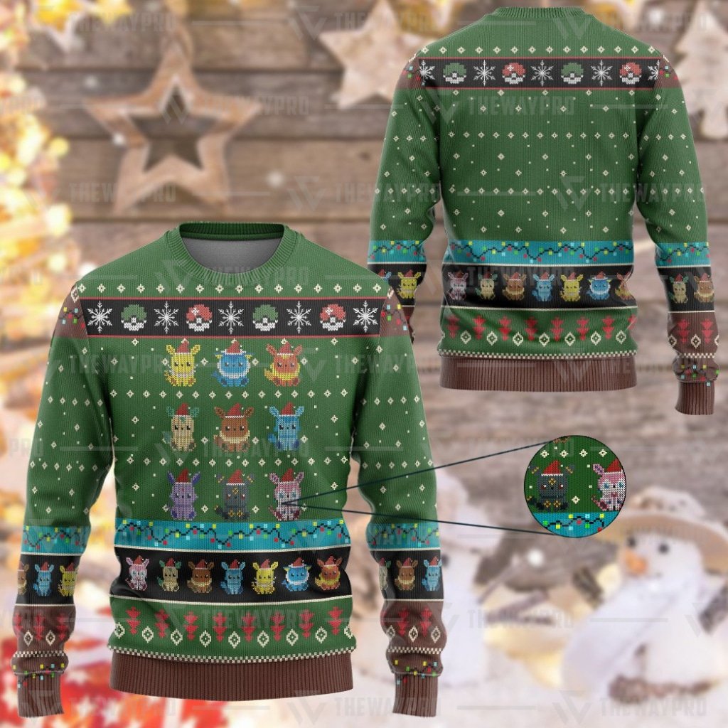 NEW Anime Pocket Monsters Eevee Evolution Green Merry Christmas Sweater 1 NEW Anime Pocket Monsters Eevee Evolution Green Merry Christmas Sweater