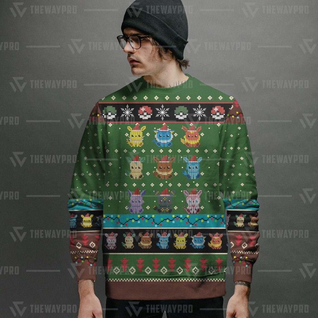 NEW Anime Pocket Monsters Eevee Evolution Green Merry Christmas Sweater 2 NEW Anime Pocket Monsters Eevee Evolution Green Merry Christmas Sweater 1