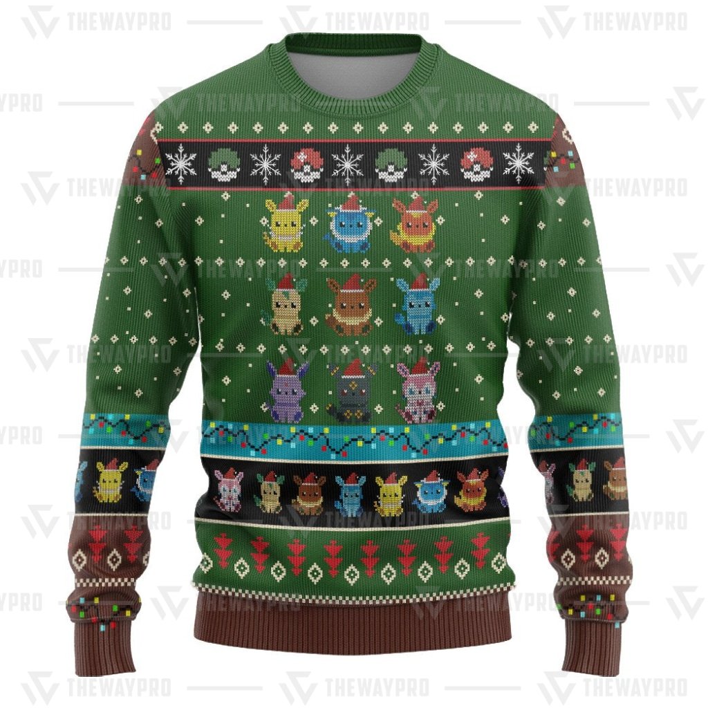NEW Anime Pocket Monsters Eevee Evolution Green Merry Christmas Sweater 3 NEW Anime Pocket Monsters Eevee Evolution Green Merry Christmas Sweater 1 2