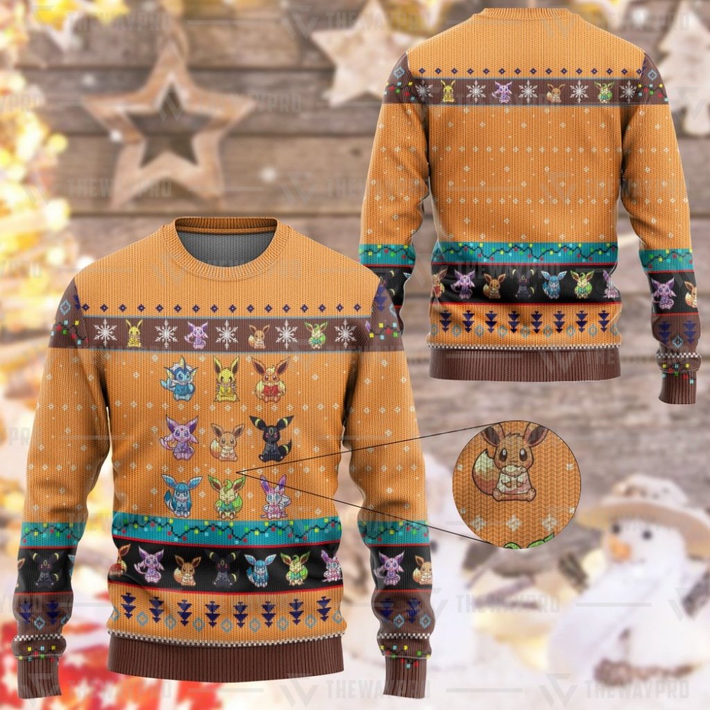 NEW Anime Pocket Monsters Eevee Evolution Orange Merry Christmas Sweater 1 NEW Anime Pocket Monsters Eevee Evolution Orange Merry Christmas Sweater