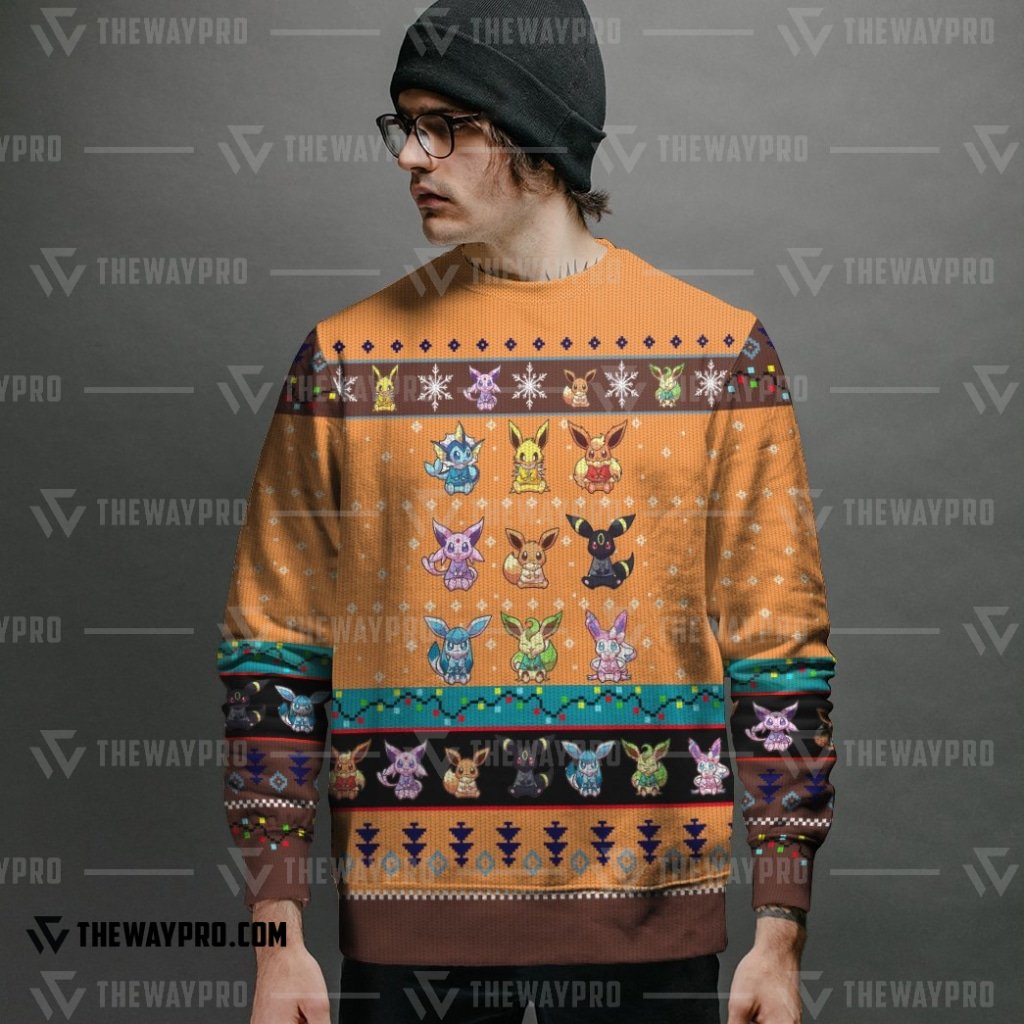NEW Anime Pocket Monsters Eevee Evolution Orange Merry Christmas Sweater 2 NEW Anime Pocket Monsters Eevee Evolution Orange Merry Christmas Sweater 1