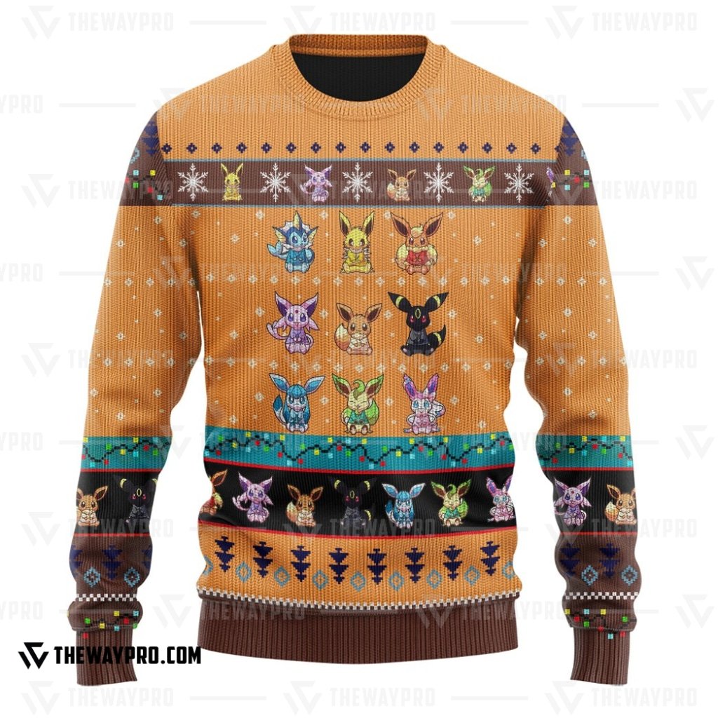 NEW Anime Pocket Monsters Eevee Evolution Orange Merry Christmas Sweater 3 NEW Anime Pocket Monsters Eevee Evolution Orange Merry Christmas Sweater 1 2