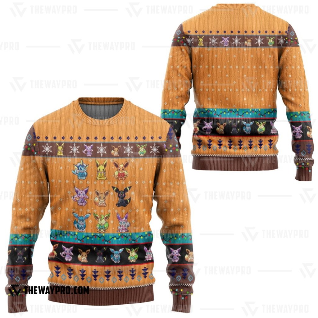NEW Anime Pocket Monsters Eevee Evolution Orange Merry Christmas Sweater 4 NEW Anime Pocket Monsters Eevee Evolution Orange Merry Christmas Sweater 1 2 3