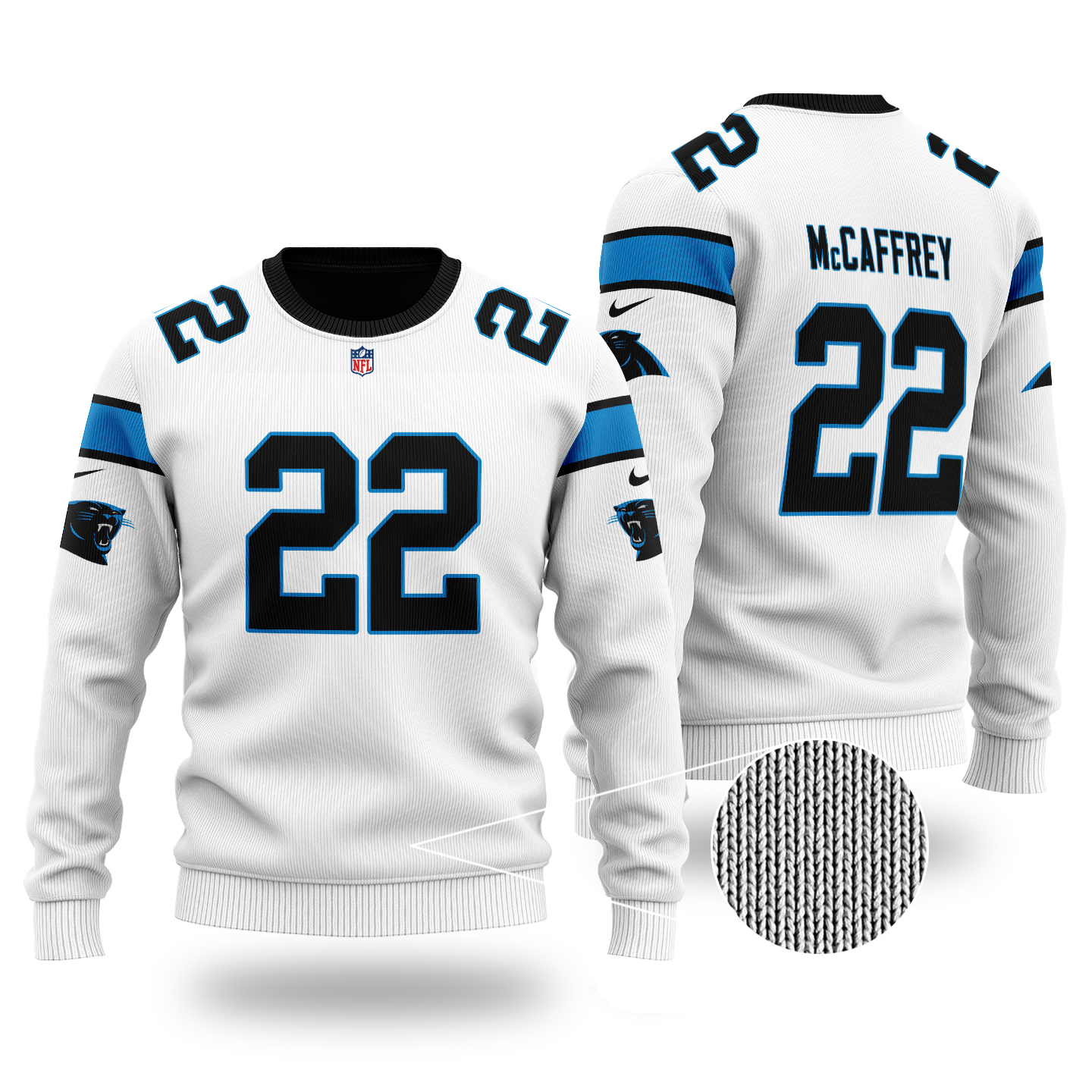 NFL Carolina Panthers McCaffrey 22 Christmas Sweater 1 NFL Carolina Panthers McCaffrey 22 Christmas Sweater
