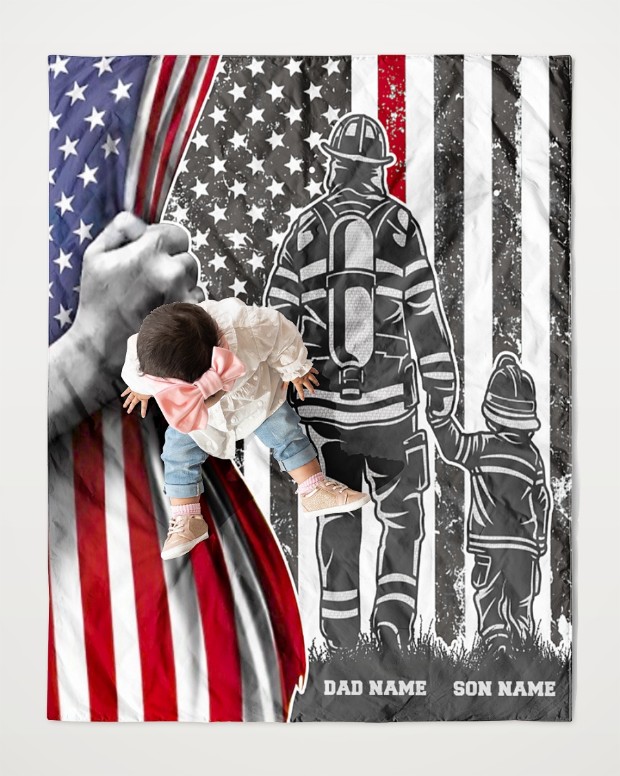 Personalized Firefighter Dad and Son American Flag Quilt 3