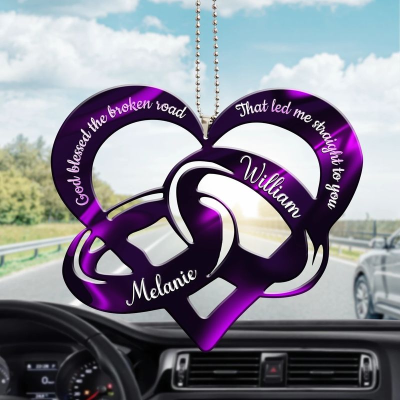 Personalized Purple Couple Rings God Blessed that led me straight to you car ornament 1