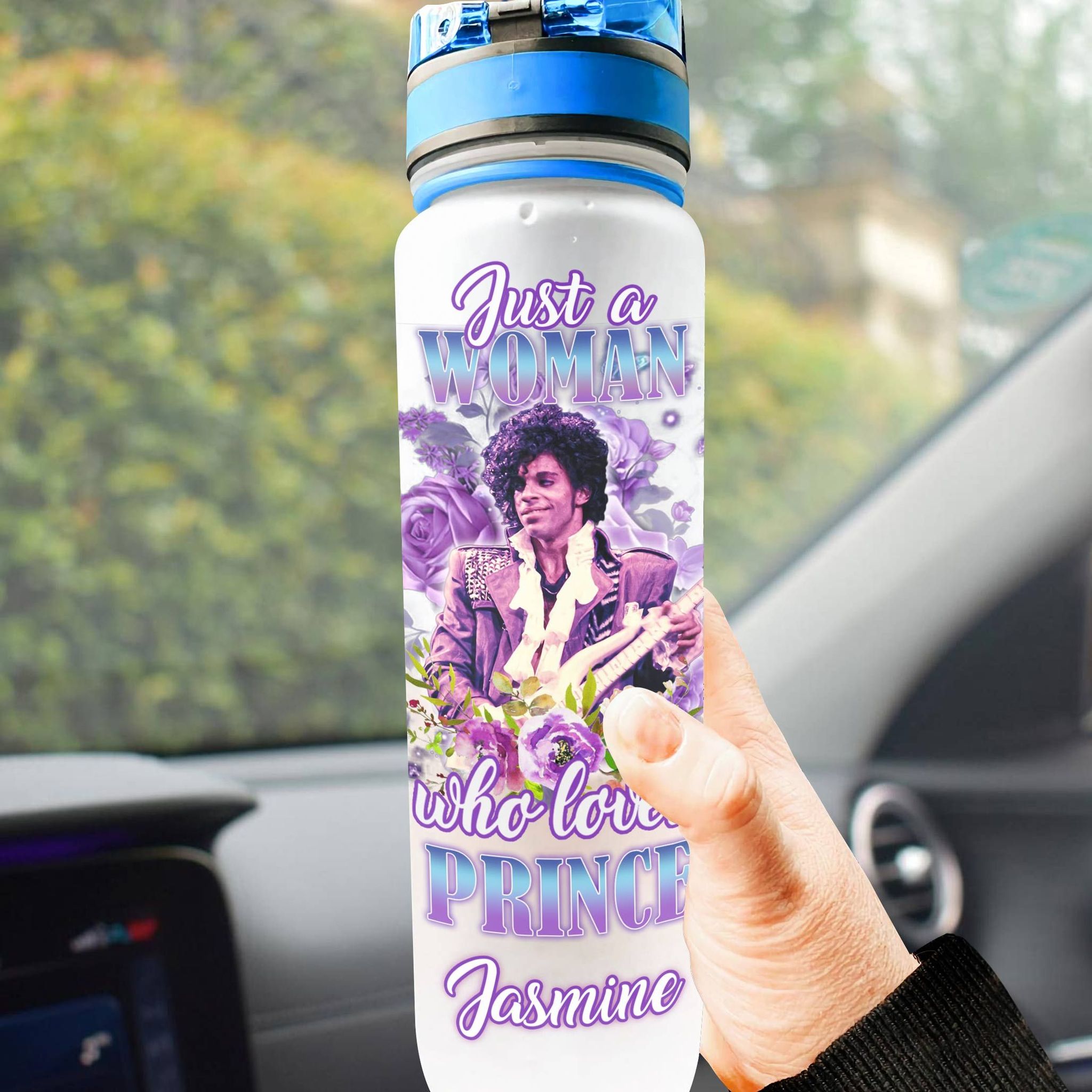 Personalized Purple Rain Just A Woman Who Love Prince Water Tracker Bottle 1