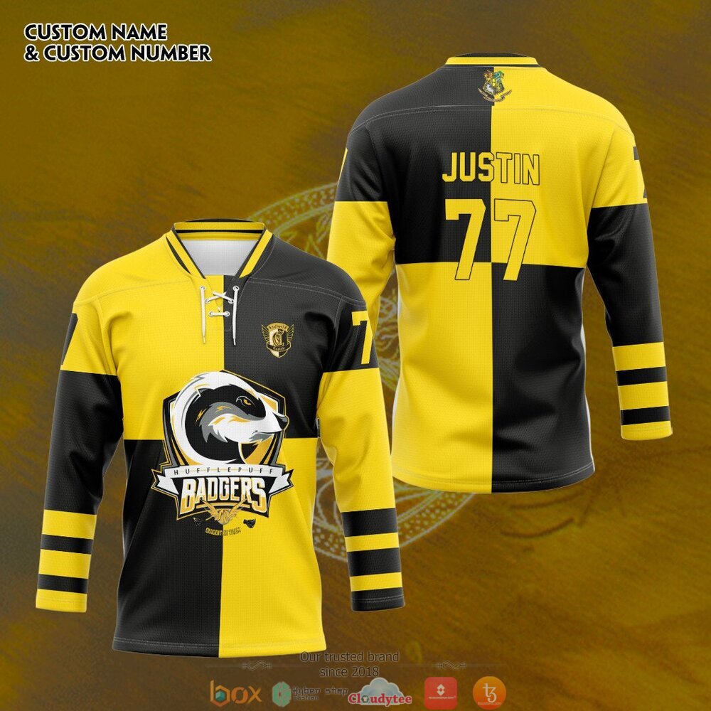 Harry Potter Hufflepuff Badgers custom Personalized hockey jersey 4 Personalized Harry Potter Hufflepuff Badgers custom hockey jersey 1 2 3