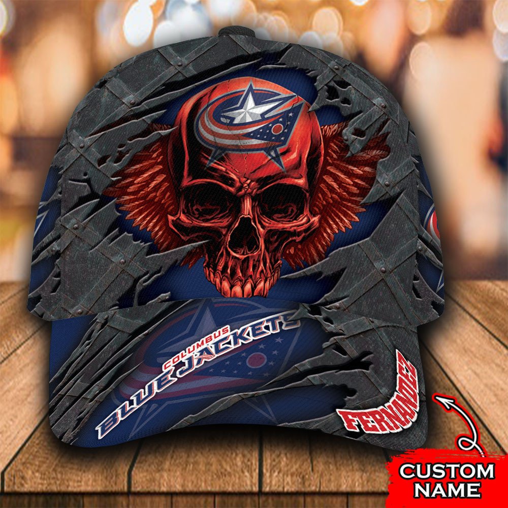 Personalized NHL Columbus Blue Jackets Wings Skull Custom Cap