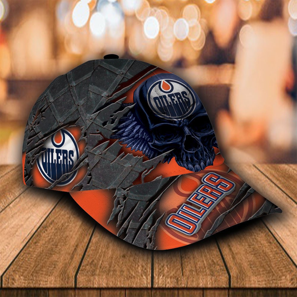 Personalized NHL Edmonton Oilers Wings Skull Custom Cap 2 Personalized NHL Edmonton Oilers Wings Skull Custom Cap 1