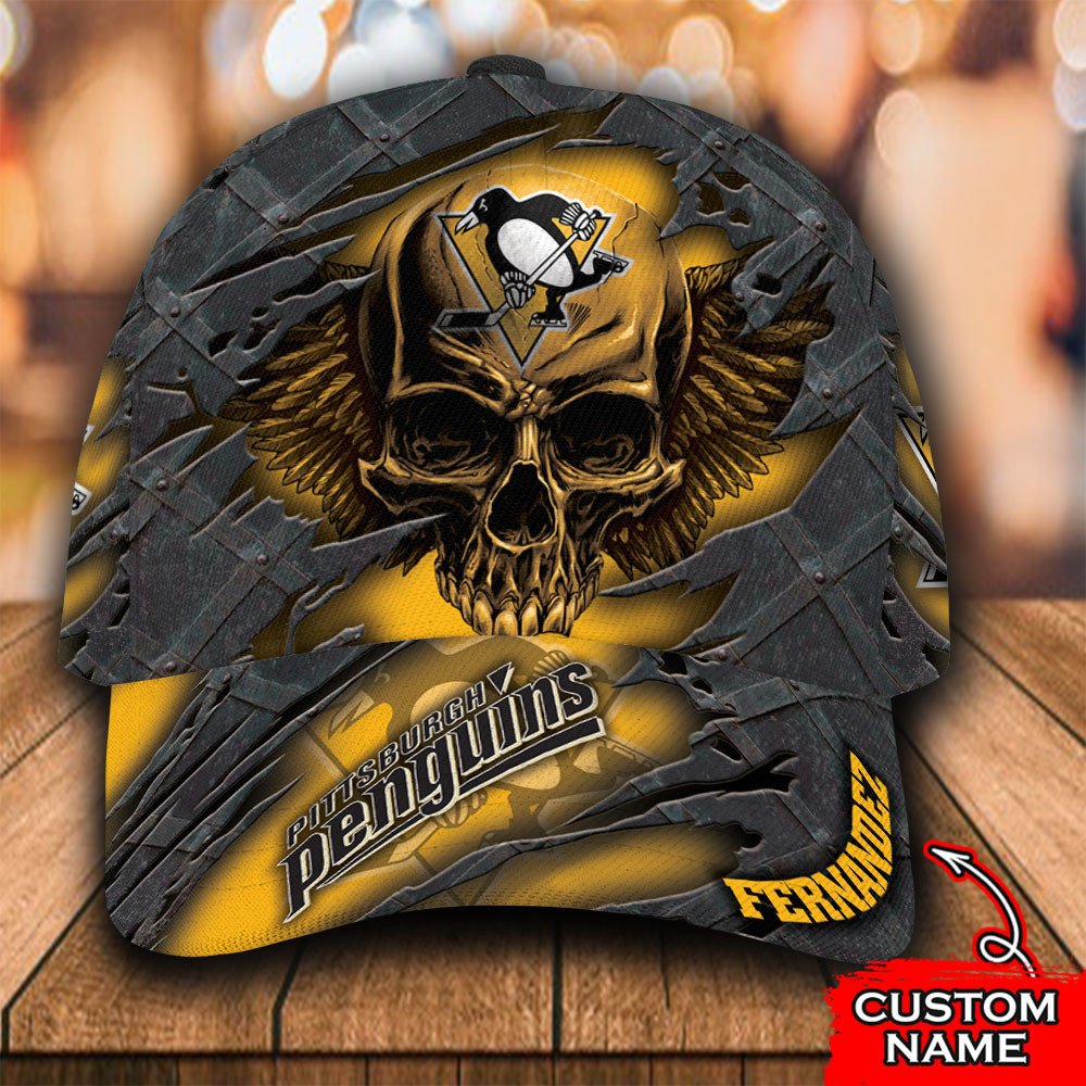 Personalized NHL Pittsburgh Penguins Wings Skull Custom Cap