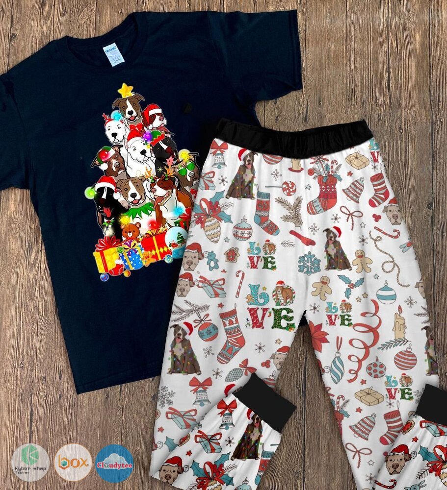 Christmas tree gifts Pitbull LOVE Pajamas Set 2 Pitbull Christmas tree gifts Christmas tree LOVE short sleeves Pajamas Set