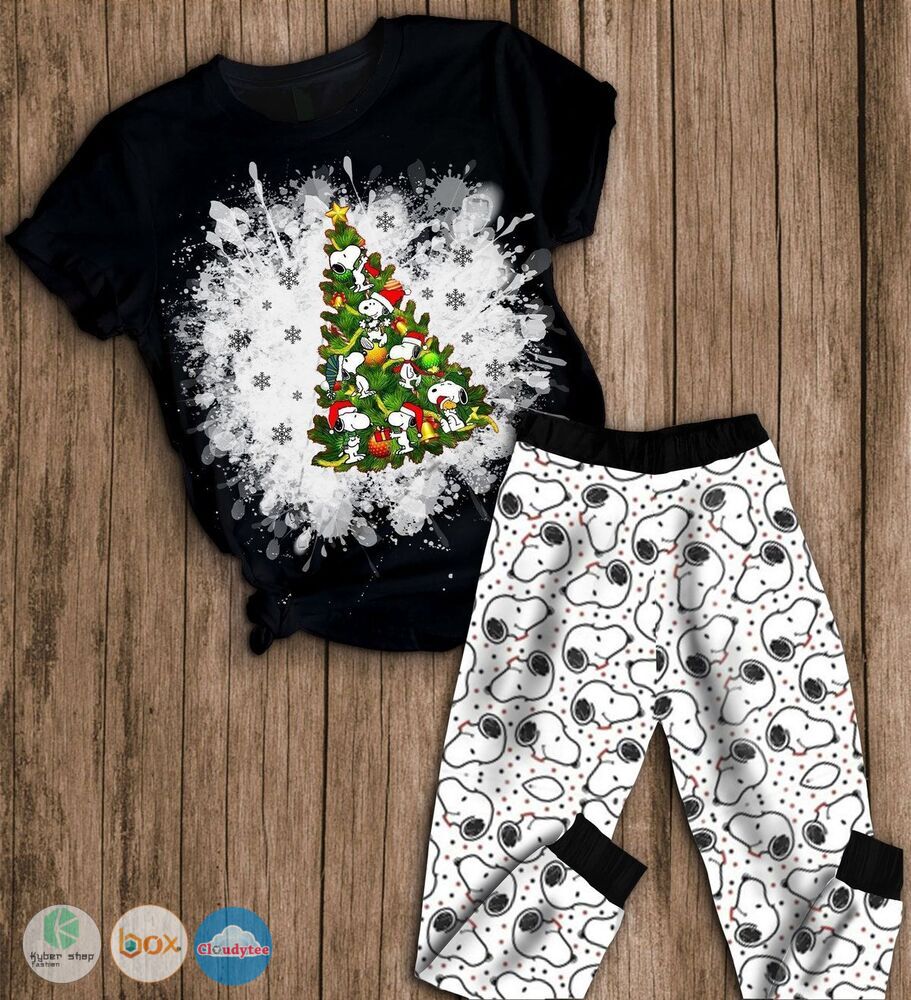 Snoopy Christmas tree black white short sleeves Pajamas Set