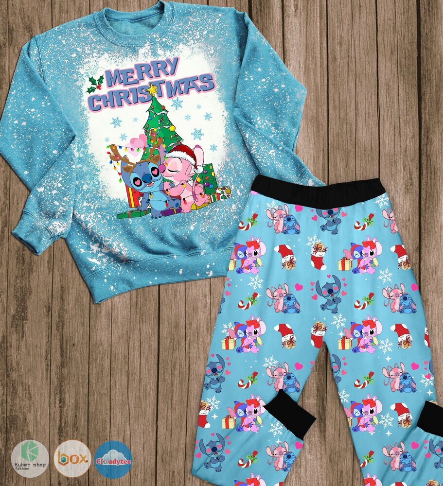 Stitch and Angel light shape Merry Christmas long sleeves Pajamas Set