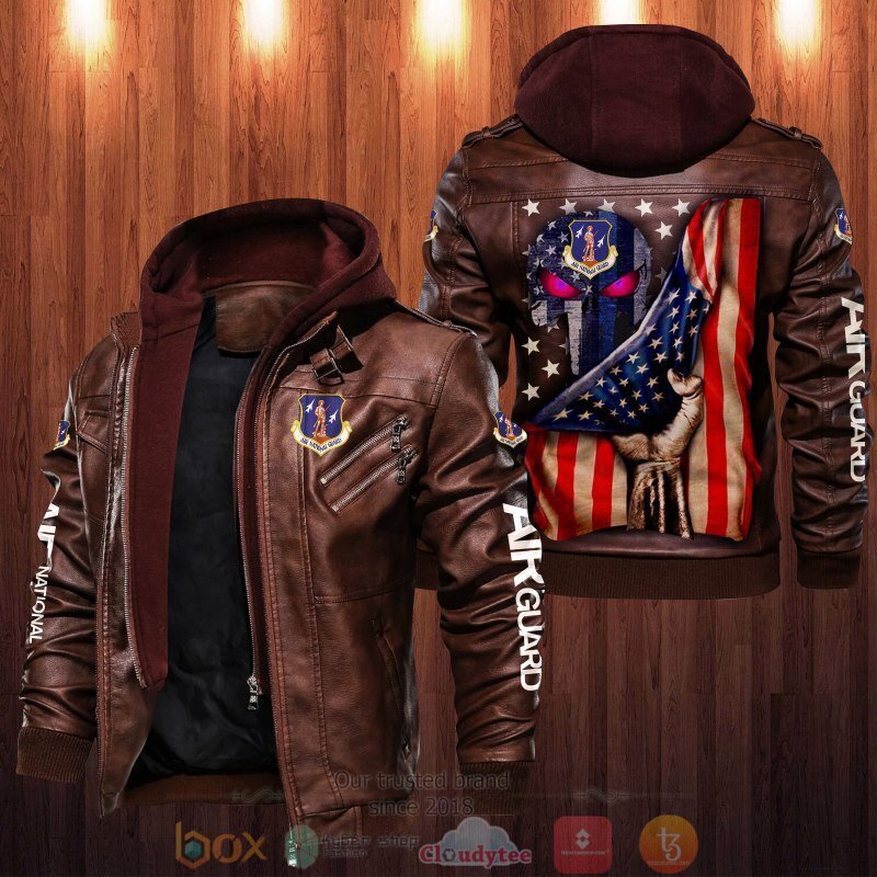 BEST Air National Guard Punisher Skull American Flag 2D Leather PU Jacket 2 Air National Guard Punisher Skull American Flag Leather Jacket 1
