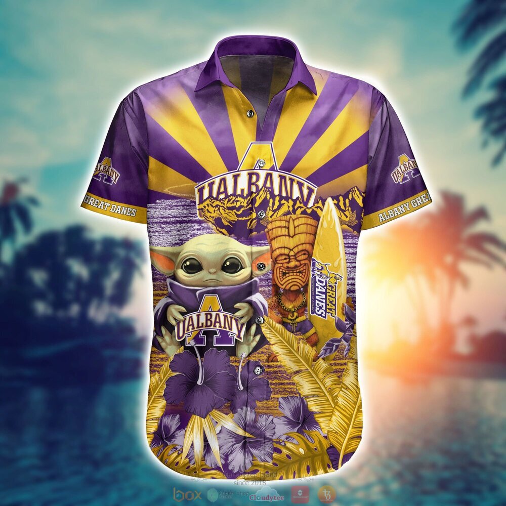 Albany Great Danes Baby Yoda NCAA Hawaiian Shirt, Shorts 2 Albany Great Danes NCAA Baby Yoda Hawaiian Shirt Shorts 1